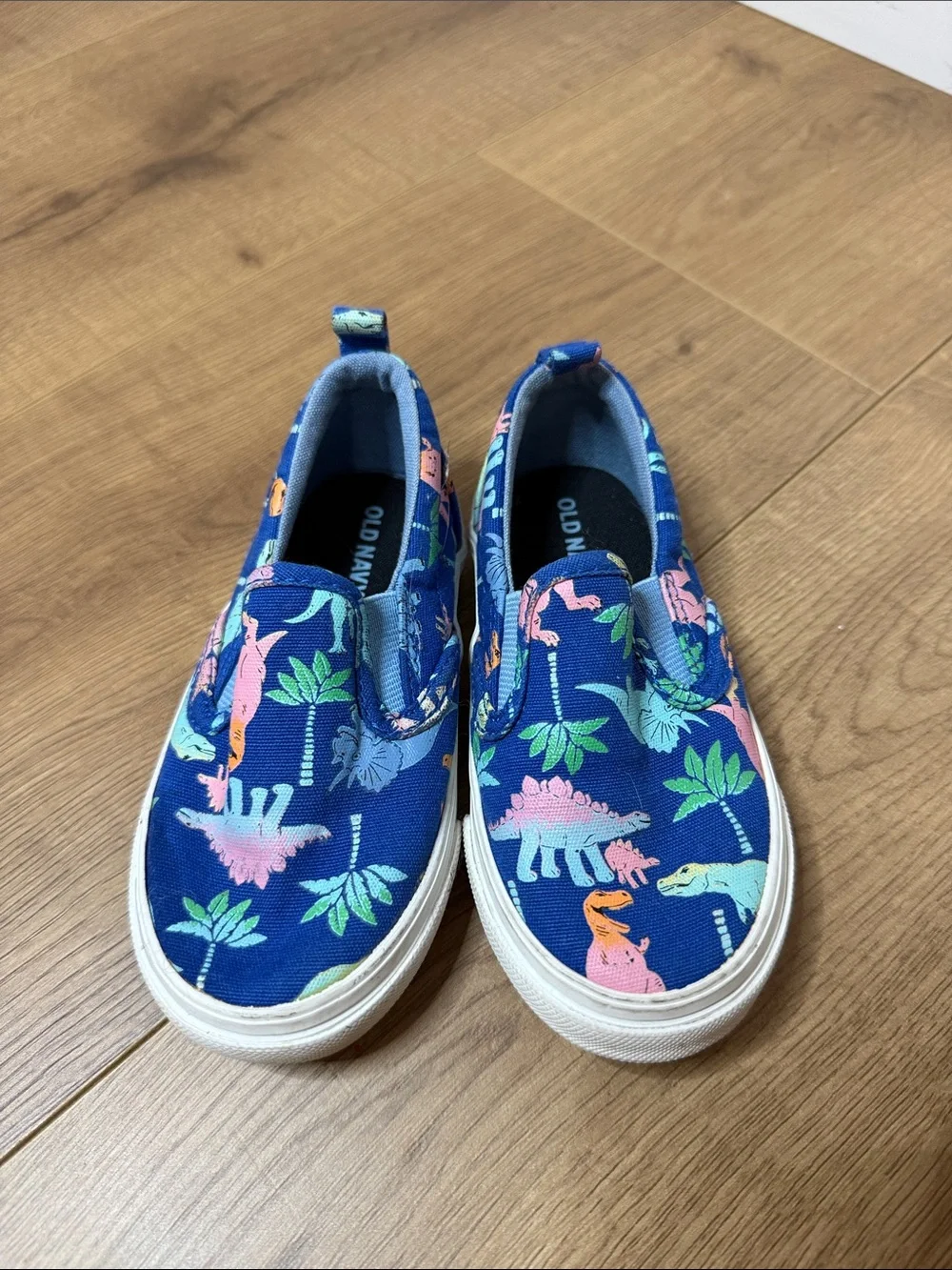 Old Navy Blue Slip-On Sneakers with Pink & Green Dinosaur Print